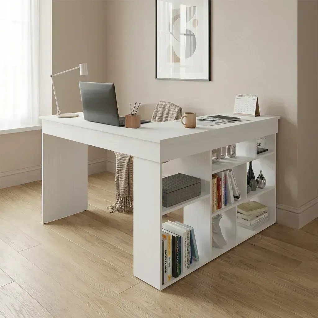 Escrivaninha Mesa Escritório 115,5x120cm em L 8 Nichos Montecello Branco Yescasa Branco