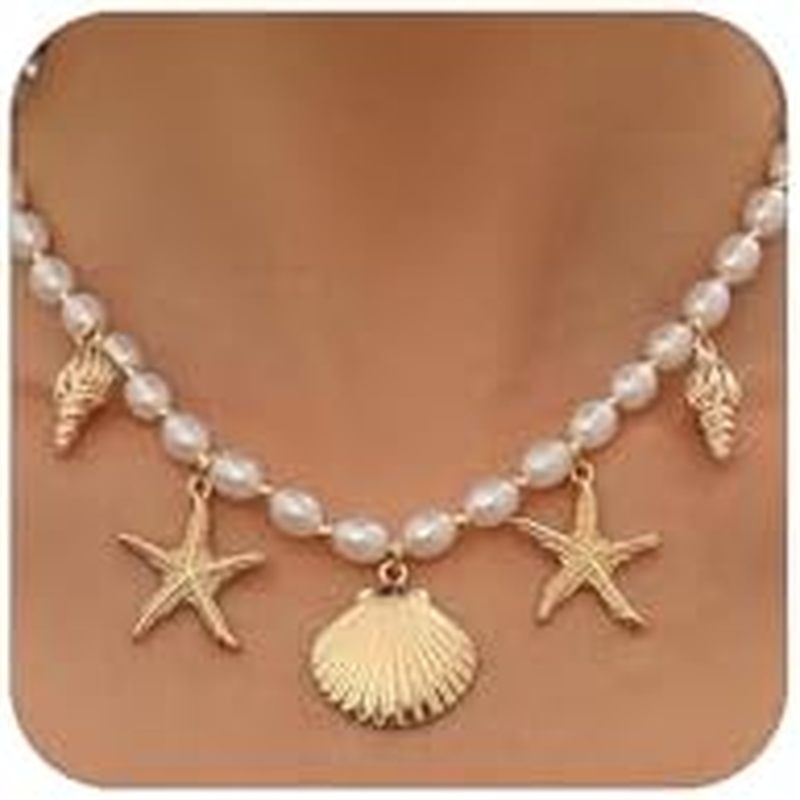 Colar De Concha De Estrela Do Mar Dourada Oval Pérola Para Mulheres Na Moda , Declaração Boho Pérolas Colares De Corrent