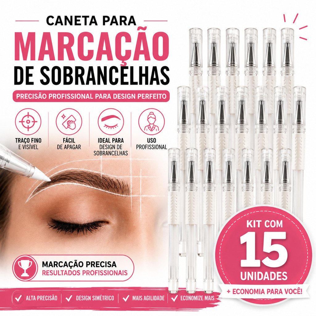 Kit 15 Canetas Gel Branca Marcação Sobrancelha Design Micropigmentação Microblading