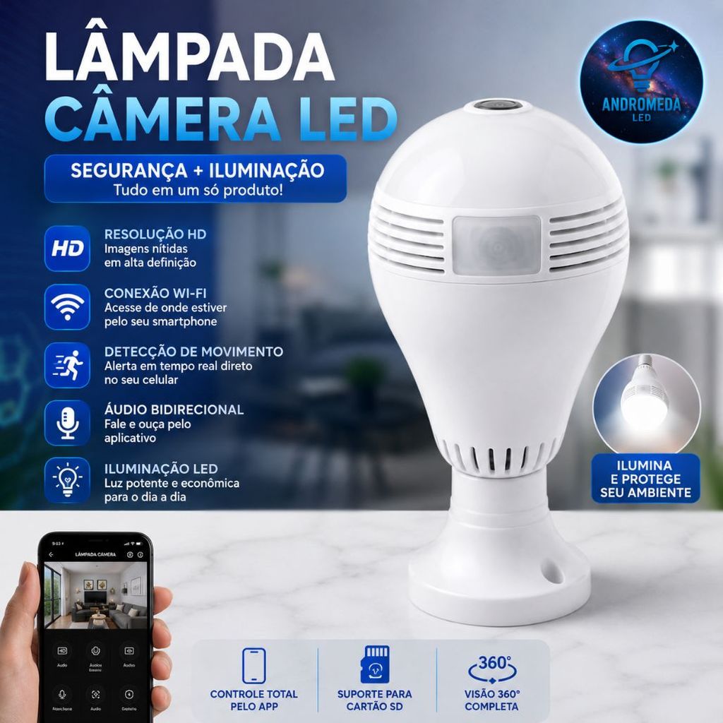 Câmera Lâmpada WiFi 360° Visão Panorâmica Acesso Remoto pelo Celular Full HD