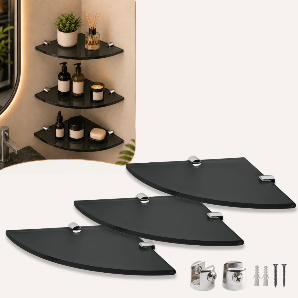 Kit 3 Prateleiras Organizadoras de Vidro Fumê 20x20cm Suporte Cromo para Banheiro e Lavanderia