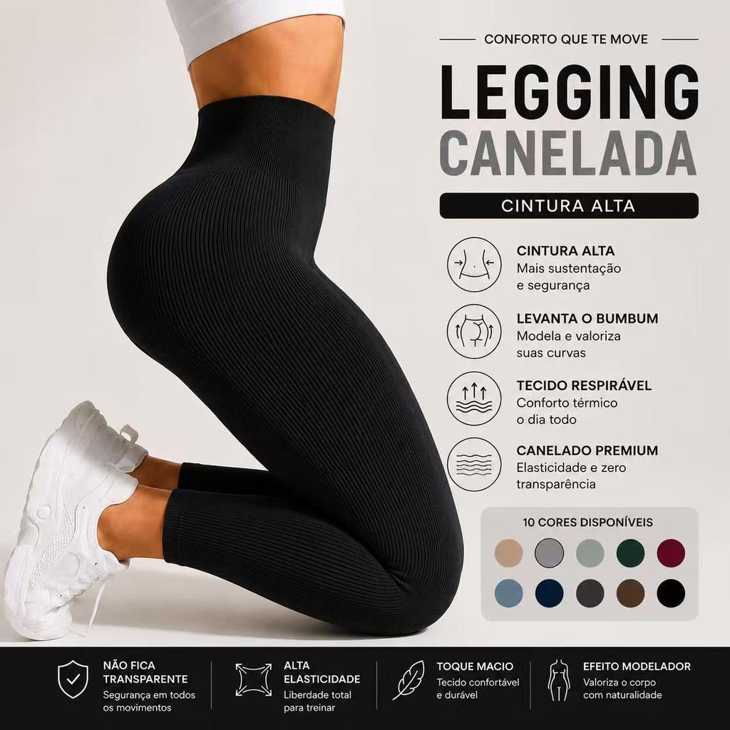 Calça Legging Canelada Sem Costura Cintura Alta Modeladora Fitness Feminina Zero Transparente