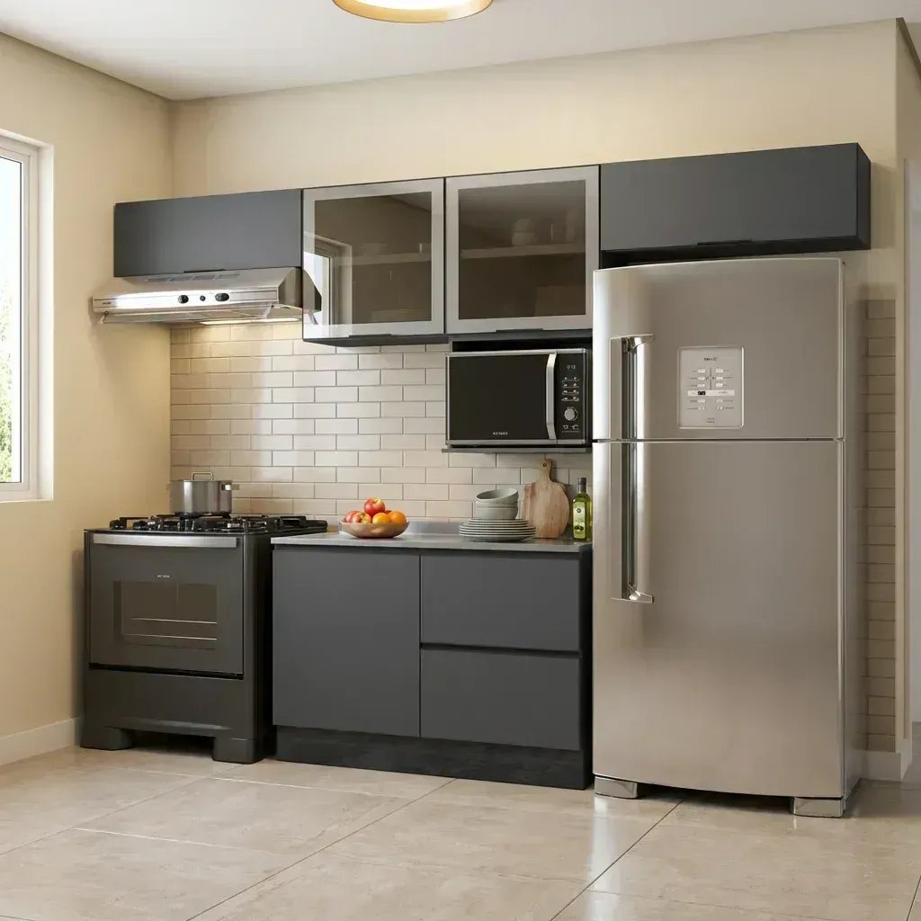 Cozinha Completa Modulada 5 Peças com Nicho para Micro-Ondas e Balcão para Pia sem Tampo Etna Grafite/Preto Grafite