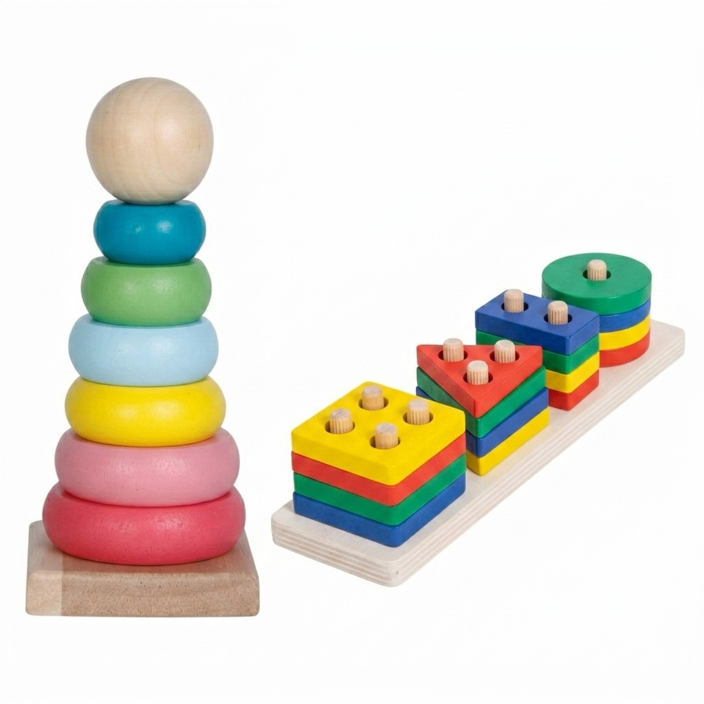 Brinquedo Educativo Madeira Kit Pedagógico Montessori Encaixe Formas e Empilhar Infantil