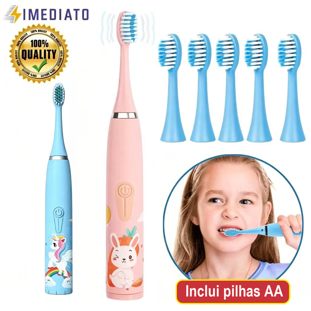 Escova Dental Elétrica Ultra-Sônica Para Crianças Acústica Onda Fofa Cabelos Suaves Dupla Face Limpa Cuidados