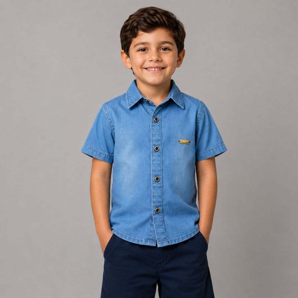 Camisa Jeans Infantil Manga Curta Masculina Social Casual Menino