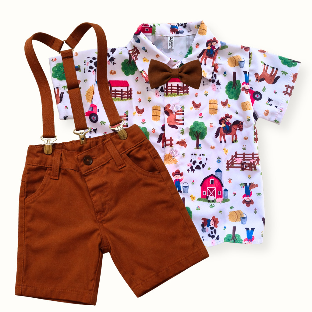 Conjunto Fazendinha Infantil Look Festa, Aniversário e Mesversário Roupa Temática Menino com Suspensório e Gravata