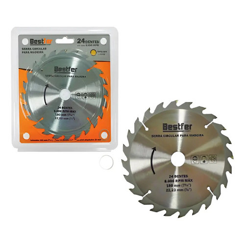Disco Serra Circular Bestfer BFH1292 180mm 24 Dentes Madeira Aço Carbono Corte Furo 22.23mm 8000rpm
