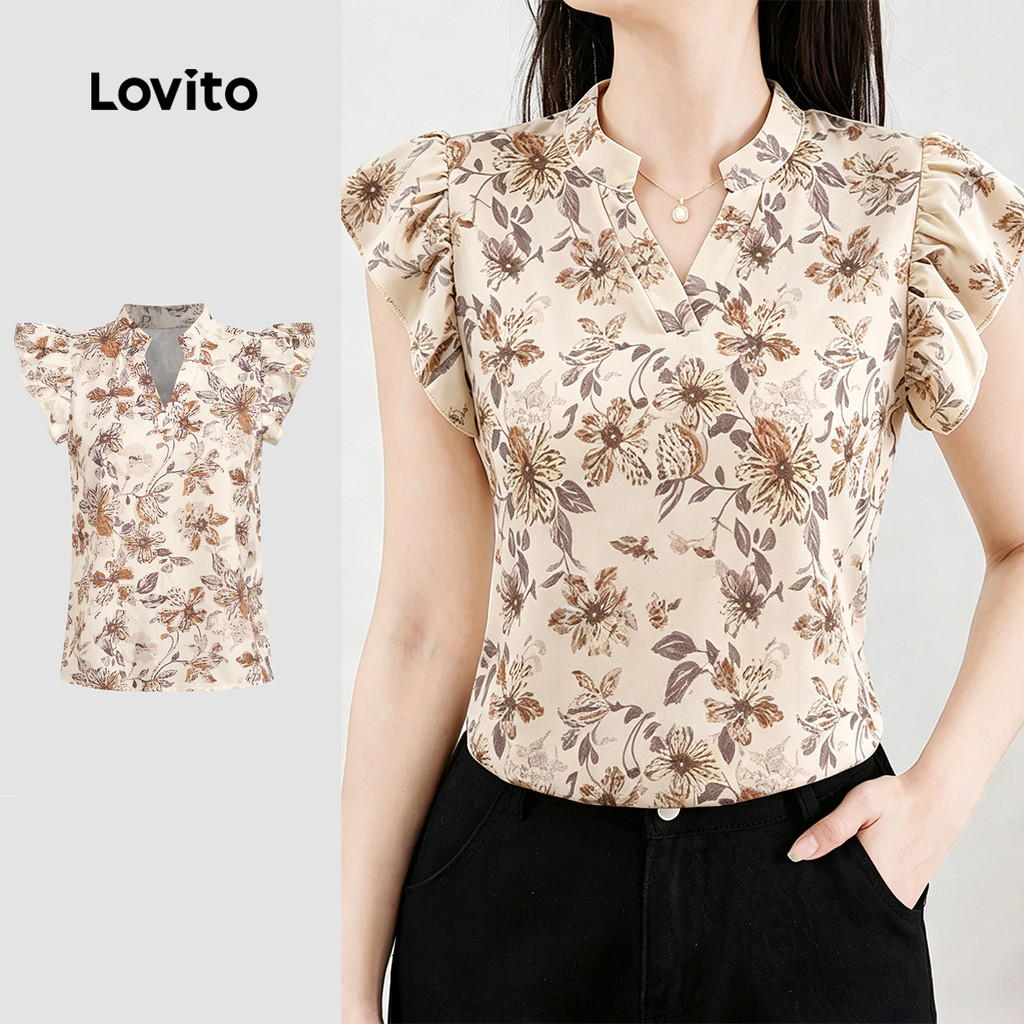 (New Arrival) Lovito Blusa Casual com Babados e Flores para a Primavera/Verão L1