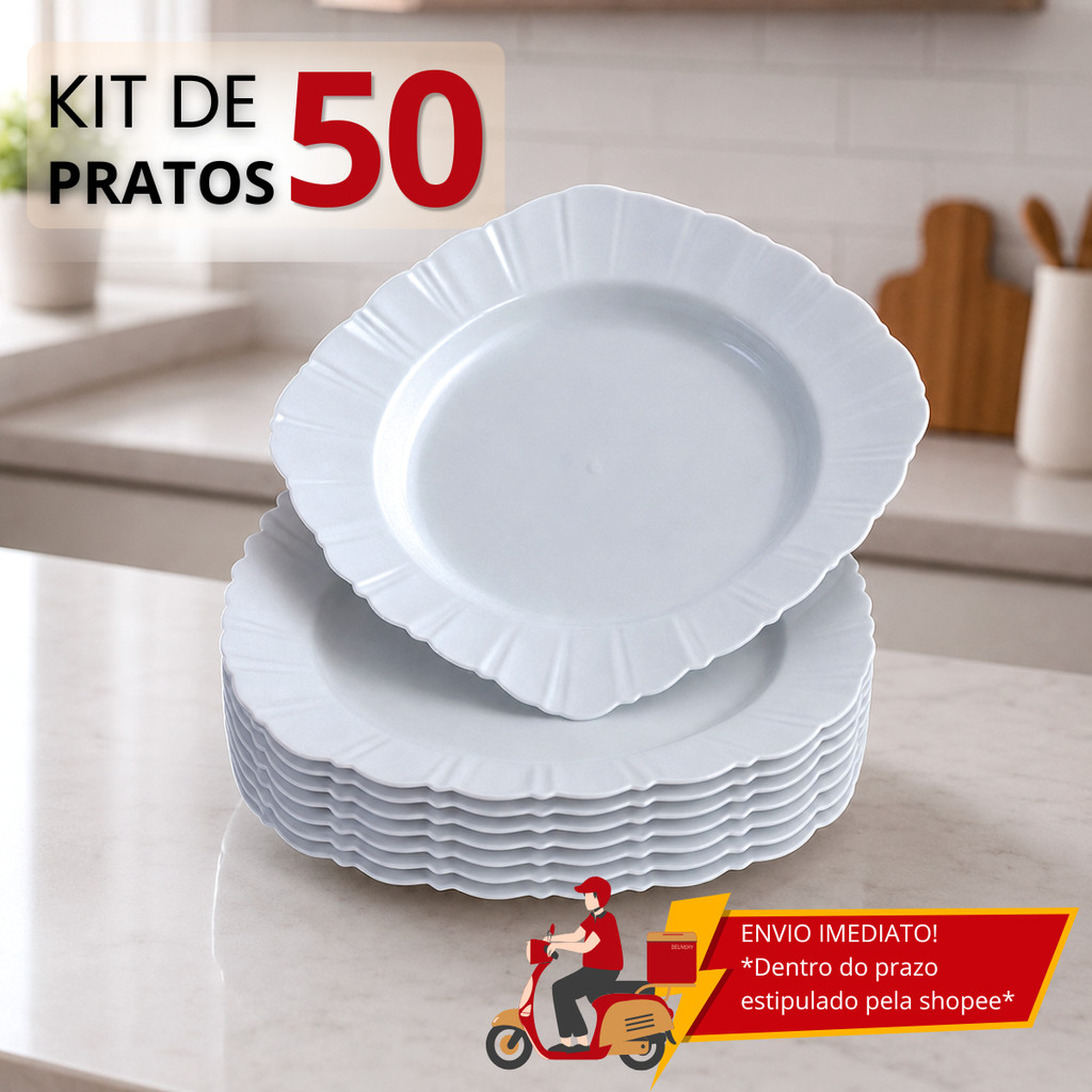 Jogo 50 Pratos Plásticos Branco Quadrado Fundo Refeição Festa Churrasco Porção Petiscos Reutilizável