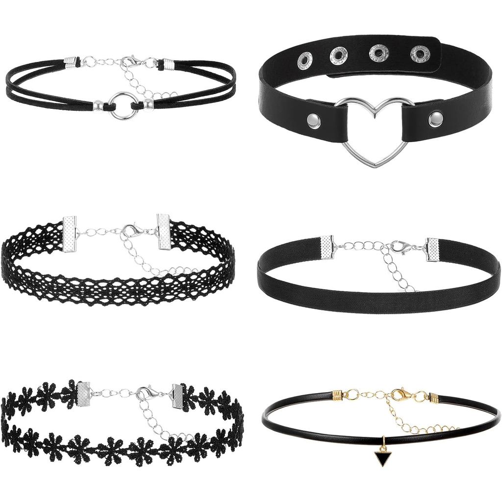 Colar Choker Preto Vin Beauty, Conjunto de 6 Colares Choker Pretos para Mulheres, Conjunto de Chokers de Renda Gótica, C