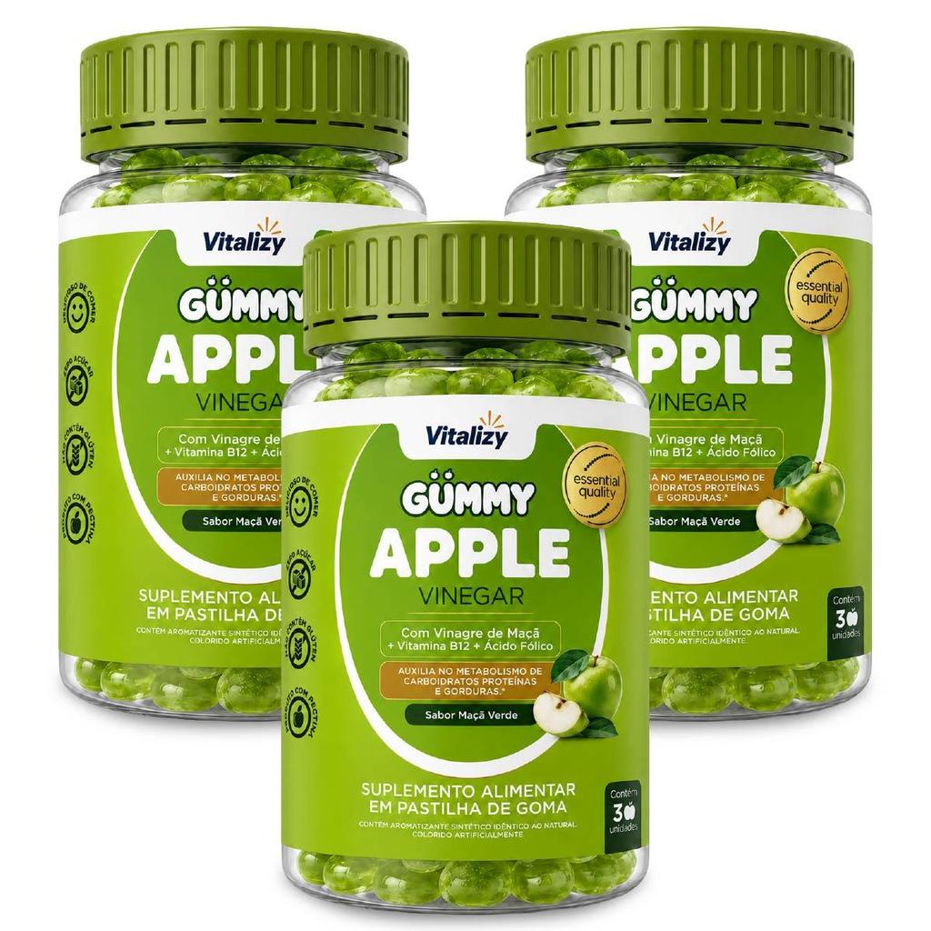 Kit 3x30 Gummy Vinagre de Maçã em Gomas Apple Cider Vinegar Zero Açúcar Sabor Maçã Verde Vitalizy