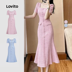 Lovito Elegante Vestido Xadrez com Babados na Bainha Primavera/verão Rosa para Mulheres LK3ED139