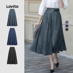 (Lovito x Ana) Midi Saias Elegantes Plissadas com Zíper Primavera/verão Cinza Escuro Saias para Mulheres LBL35220