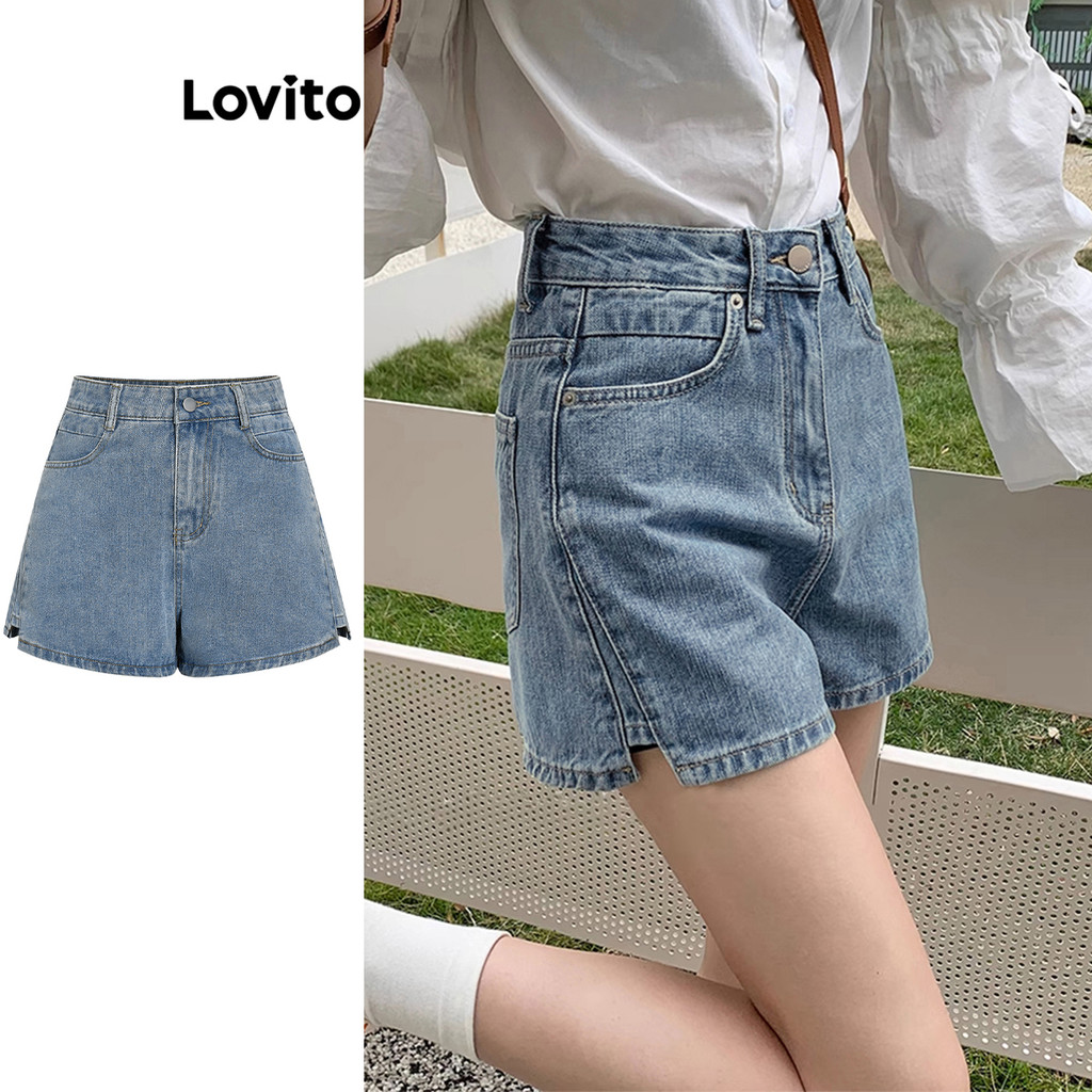 Lovito Soltinho Casual Shorts Jeans Com Bolso Dividido E Liso Para Mulheres L68Ed114 (multicolorido)