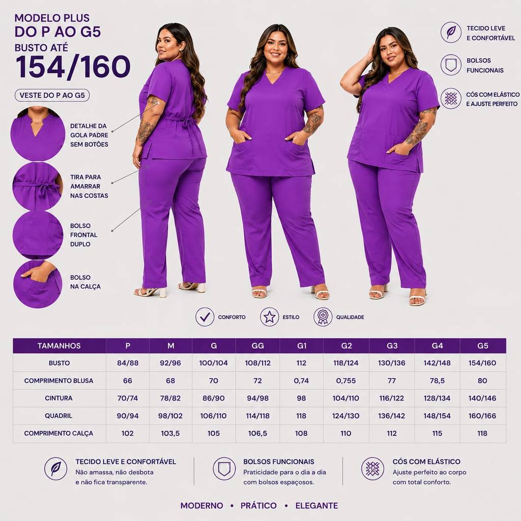 Scrub Feminino Gola V Roxo Açaí Plus Size Pijama Cirúrgico P ao G5 — imagem 2 de 2