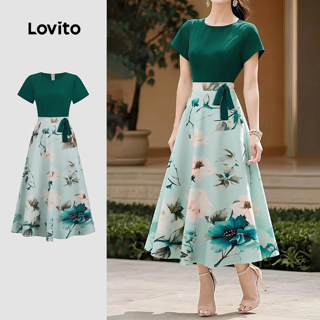 (New Arrival) Lovito Vestido Casual com Padrão Colorblock Verde Primavera/verão