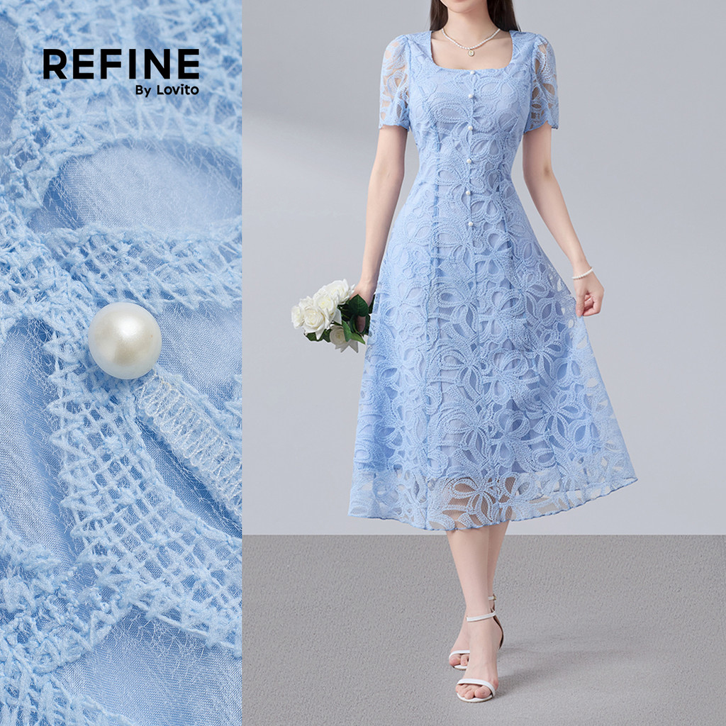 (New Arrival) (Refine by Lovito) Vestido Elegante Camadas Duplas Jacquard Azul P