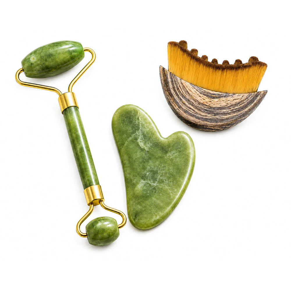 Kit Massagem Facial Rolo de Jade e Gua Sha com Escova Massageadora Drenagem Facial Rolinho de Jade Pedra Verde 3 em 1