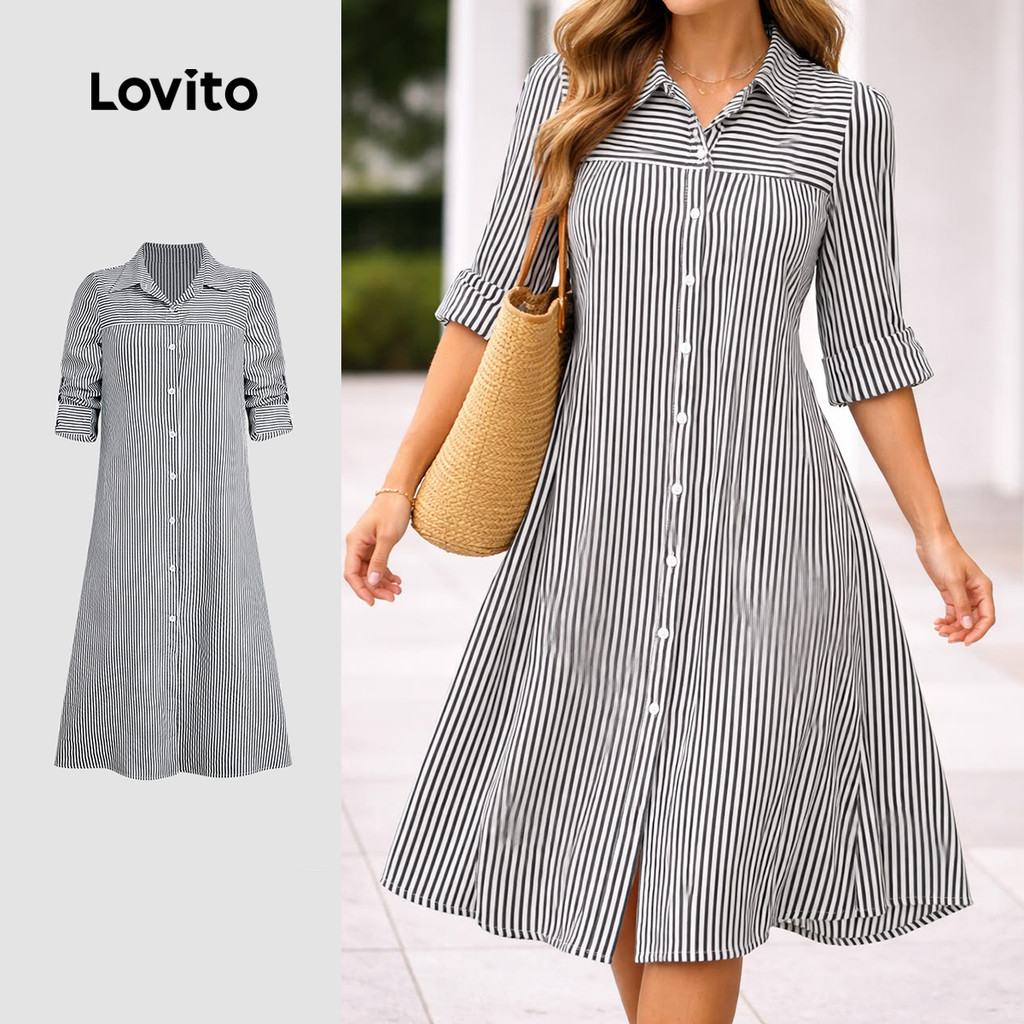(New Arrival) Lovito Vestido Elegante Preto de Botão Frontal para Mulheres outon