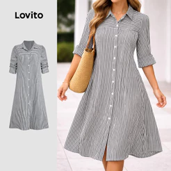 Lovito Vestido Elegante Preto de Botão Frontal para Mulheres outono/inverno LBL36036