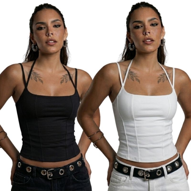 Kit 2 Regata Camiseta Alcinha Fitness Feminino Liso Poliamida Tank Top Slim Academia Verão