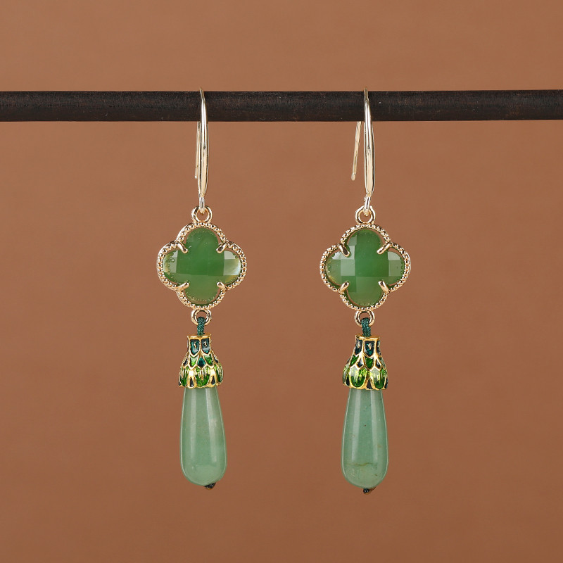 Simples antigo trevo de quatro folhas aventurina Jade brincos novo estilo chinês High-End sentimento elegante brincos es