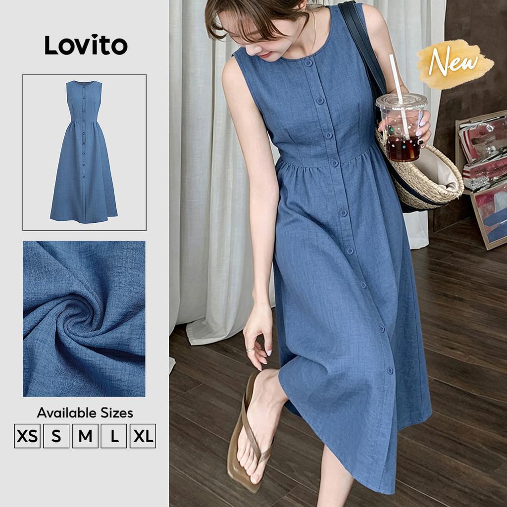 (New Arrival) Lovito Vestido Elegante com Botões e Barra em Babados Vestido Azul de Primavera/verão para mulheres DRB202P2D114