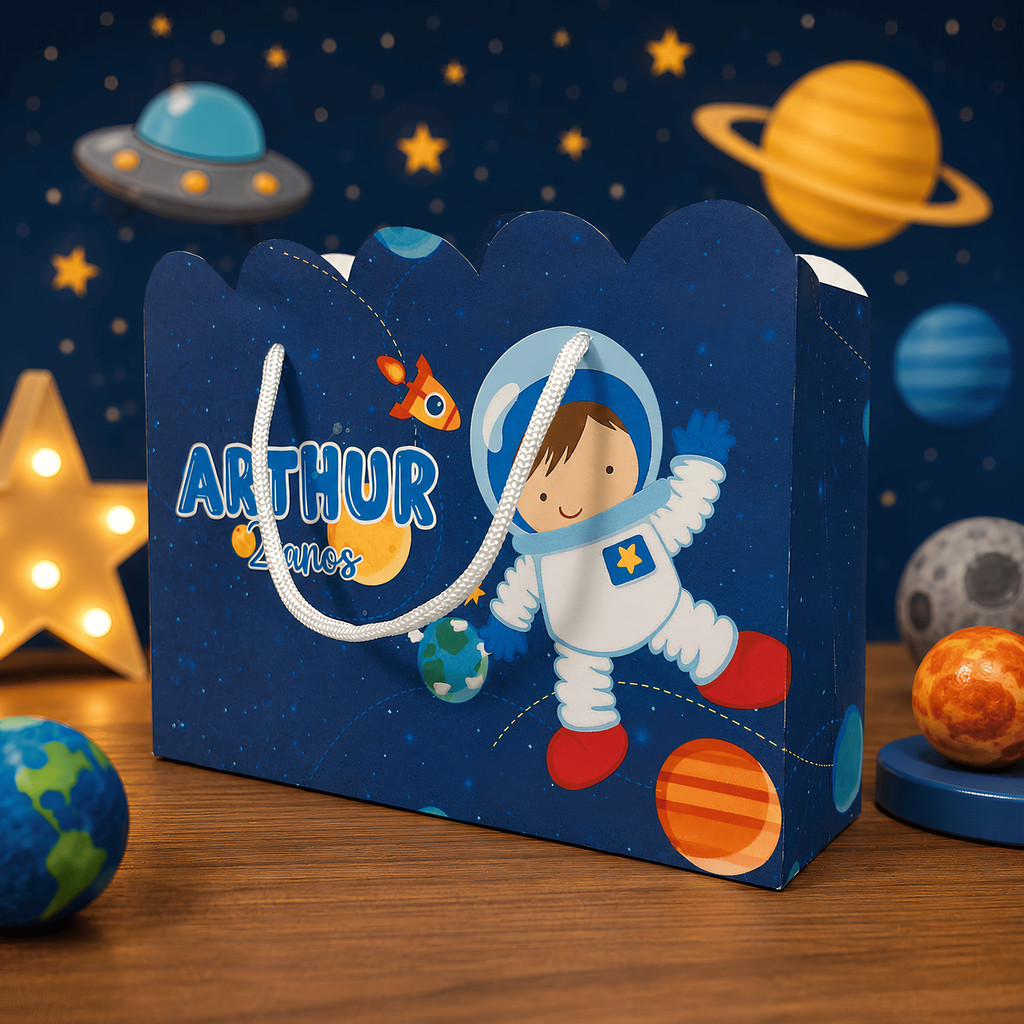 Kit Sacolinha Personalizada Astronauta para Festa Infantil Lembrancinha Sacola Papelaria Personalizada