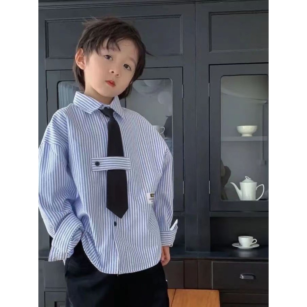 Meninos novo estilo primavera outono gravata camisa 2025 crianças camisa de manga comprida meninas listrado topo lapela 