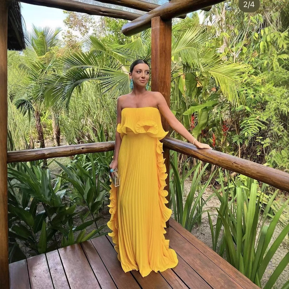 Vestido Maxi Amarelo Plissado Sem Alças para Mulheres, Vestido de Festa em Chiffon com Babados, Vestido Elegante para o 