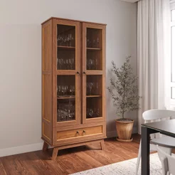 Cristaleira Madeira Maciça Pinus com HDF Porta de Vidro Retrô Roma Amarelo/Ypê Ypê
