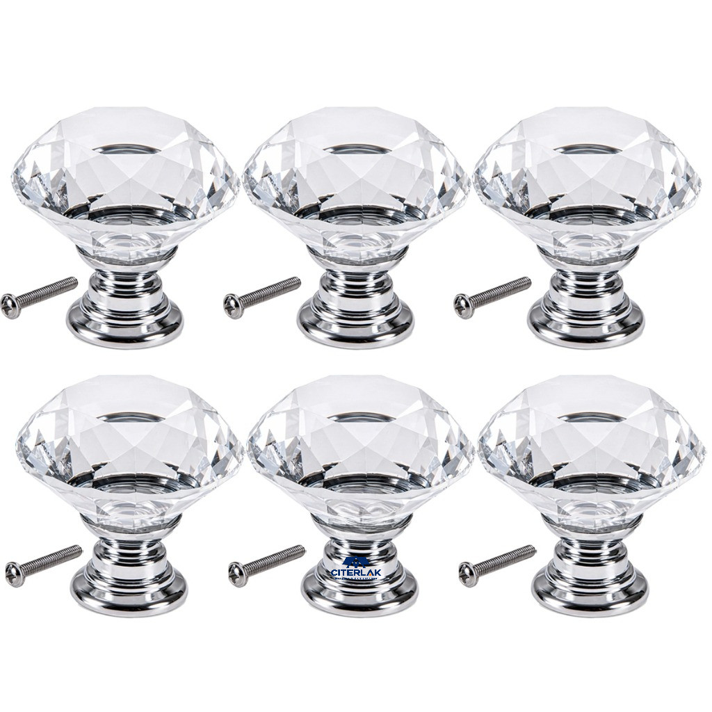 Kit 6 Puxador de Cristal 30mm Cromado Para Gaveta Armário Moveis Banheiro