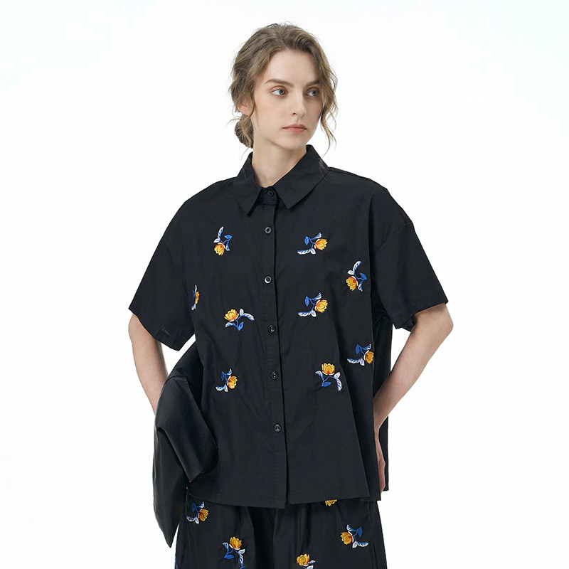Olhos grandes [Roupas femininas estilo Yamamoto] Camisa de manga curta-2 cores bordadas verão Plus Size roupas femininas