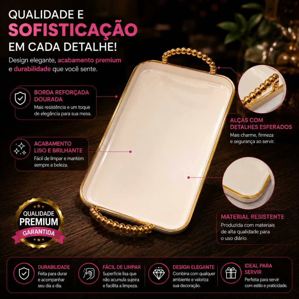 Bandeja Decorativa Retangular Com Alças Douradas Premium