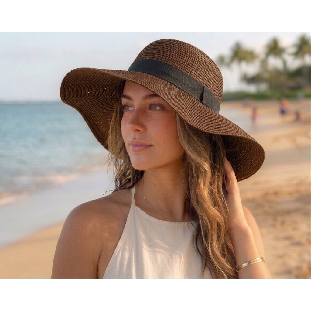 Chapéu Feminino Floppy De Praia Palha Sintética Dobrável Com Faixa
