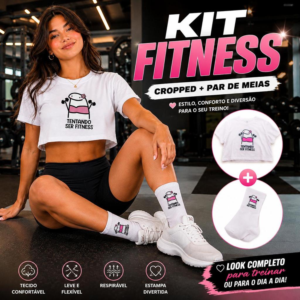 Kit Cropped Feminino + Meia Estampada Tentando Ser Fitness | Conjunto Academia Casual Confortável e Divertido