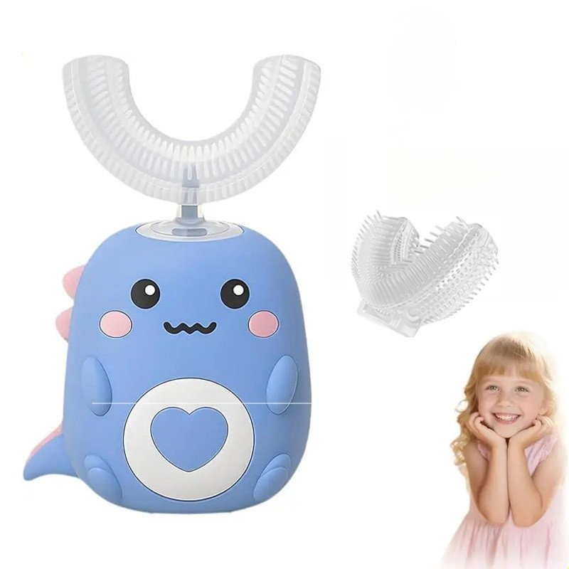 Escova de Dente Elétrica Infantil Formato U 360° Dino 2 Modos 2 Cabeças IPX7