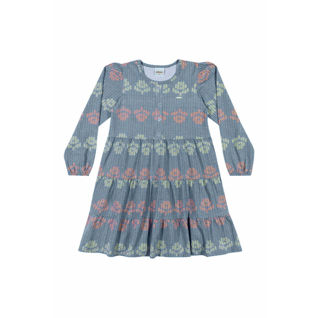 Vestido Infantil Menina Flores Manga Longa Elian Azul