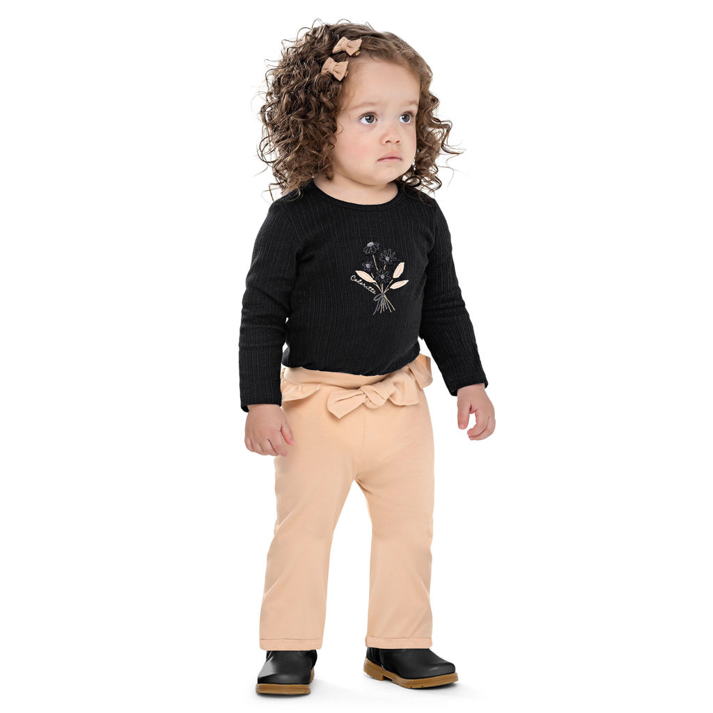 Conjunto Longo Bebê Menina Bordado Flor Colorittá Preto