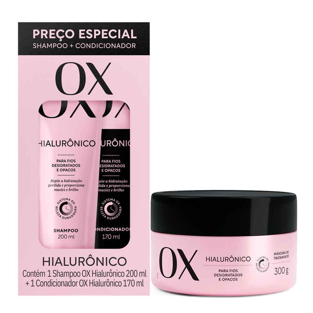 Kit Ox Shampoo 200ml e Condicionador Hialurônico 170ml Mais Máscara Ox Hialurôni