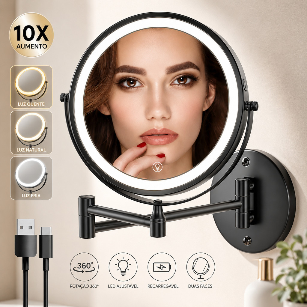 Espelho de Maquiagem LED 10X 8 Polegadas Parede Dupla Face 3 Cores Luz 360° Recarregável USB Articulado com Aumento