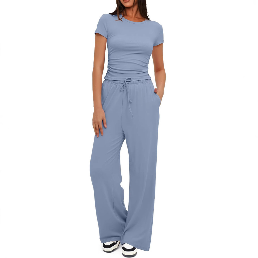 Novo produto cor sólida Casual terno plissado manga curta topo cintura alta calças de perna larga roupas esportivas