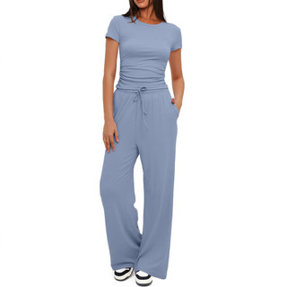 Novo produto cor sólida Casual terno plissado manga curta topo cintura alta calças de perna larga roupas esportivas