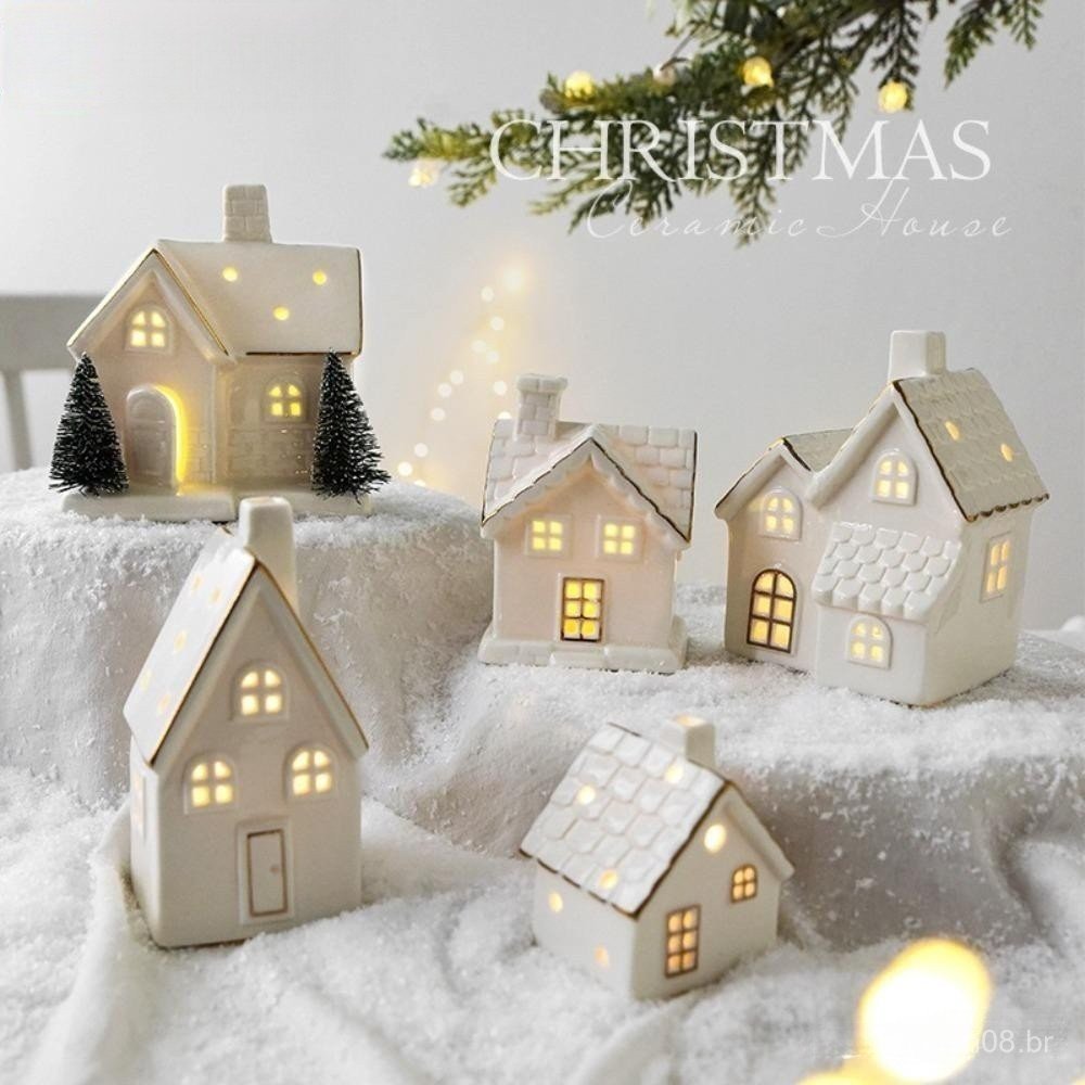 Casa de Vila de Porcelana , Casas de Vila de Natal de Cerâmica Iluminadas por LED, Com Árvores