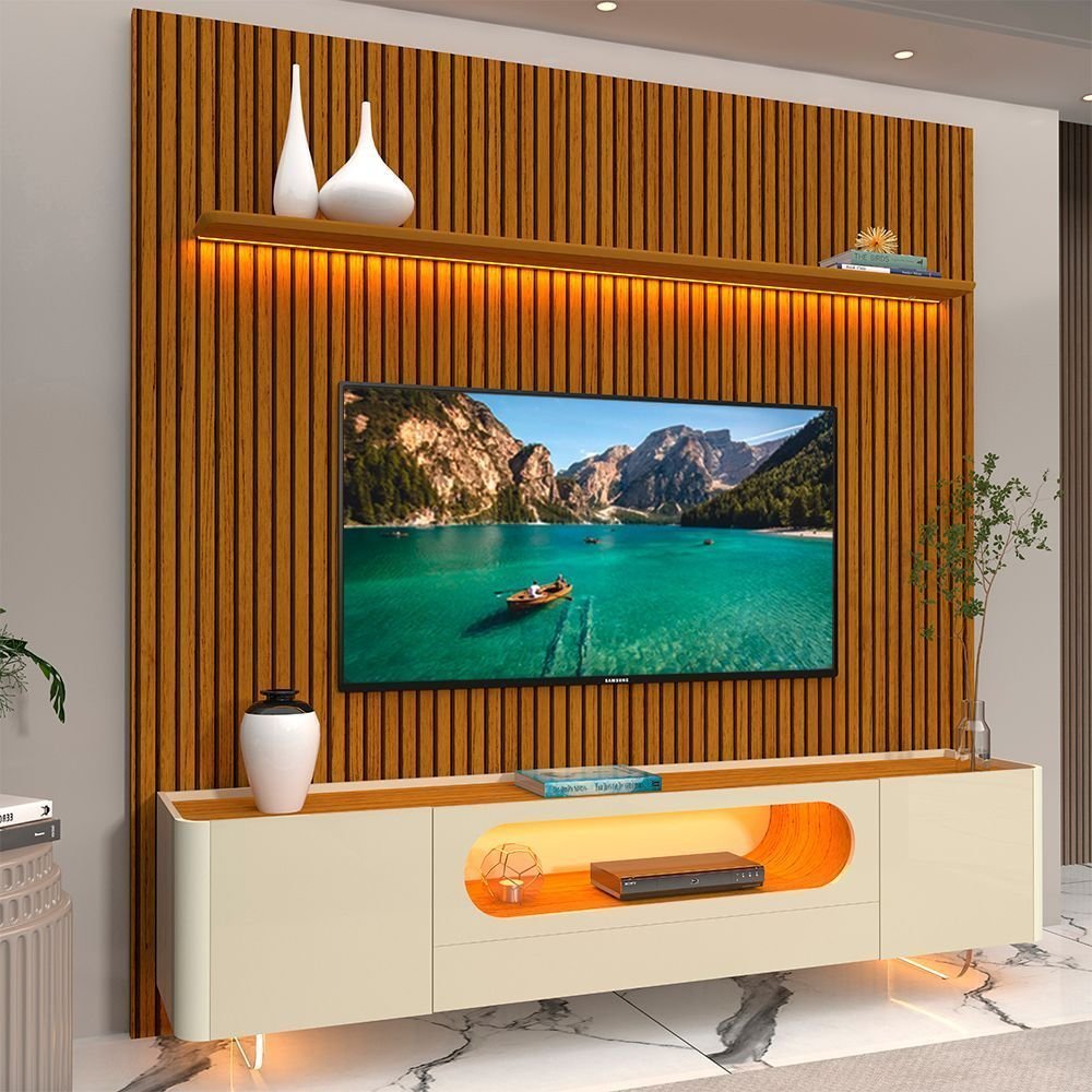 Rack com Painel Ripado para TV até 90 Polegadas 100% MDF com LED 224CMX310,5cm 1 Gaveta 2 Portas Vidro Requinte Nobre