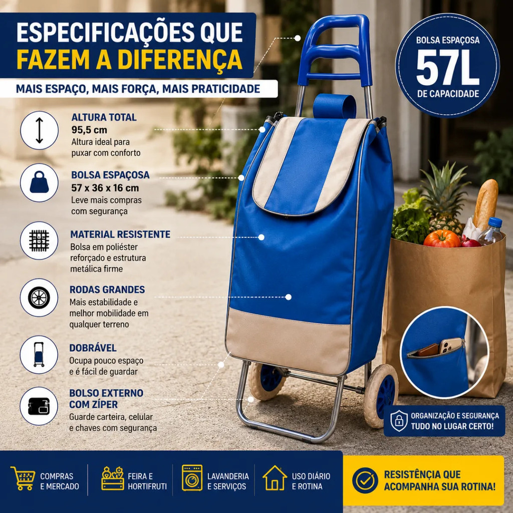 Carrinho De Compras Dobrável Reforçado Com Bolsa Impermeável