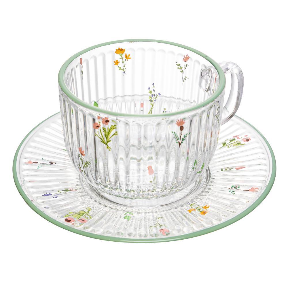 Xícara de Chá com Pires Florence 180ml Vidro Wolff Elegante para Mesa Posta Cozinha Sala Presente Sofisticada Requintada