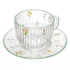 Xícara de Chá com Pires Florence 180ml Vidro Wolff Elegante para Mesa Posta Cozinha Sala Presente Sofisticada Requintada
