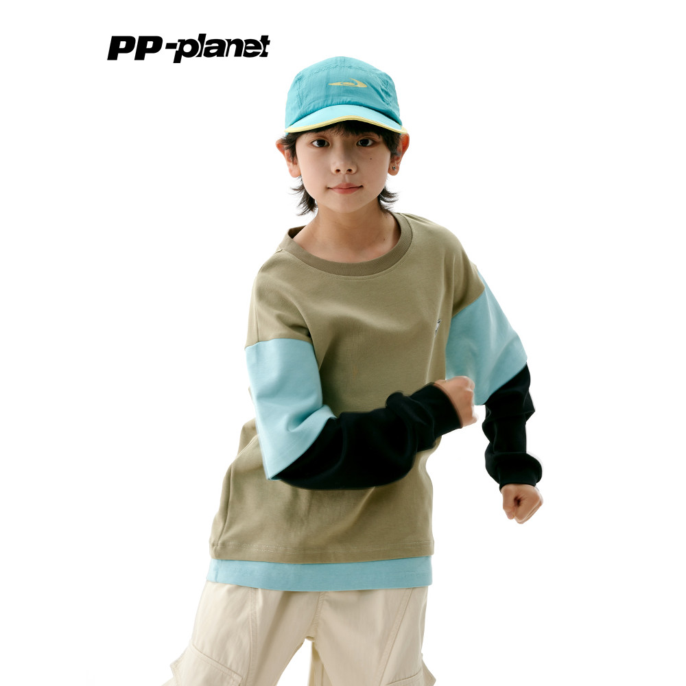 PP Planet Original Meninos Falso Duas Peças Contraste Cor Manga Comprida Camiseta Crianças Primavera Outono Novo Estilo 